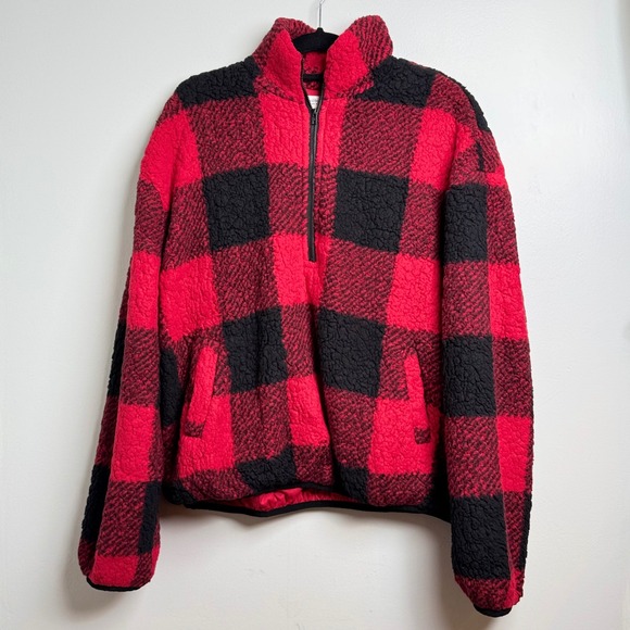 CHICSOUL Textured Buffalo Plaid Sherpa Fleece Quarter Zip Pullover Top Womens 2X - Picture 1 of 7